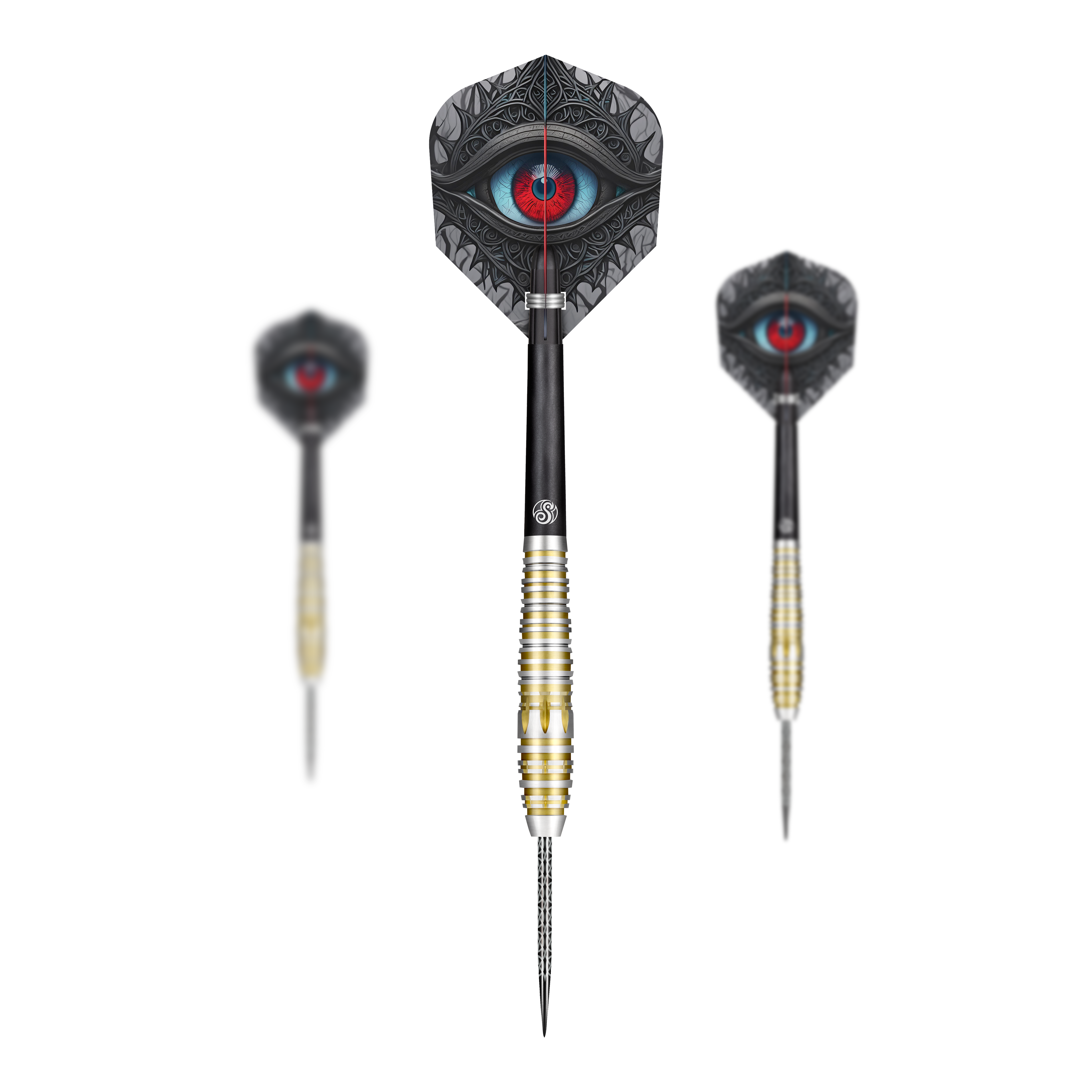 Das Bild zeigt drei Steeldarts des Produkts „Shot Celt Balor Steeldarts“ vor schwarzem Hintergrund. Auf den Flights ist ein auffälliges, stilisiertes Auge in leuchtenden Farben abgebildet.